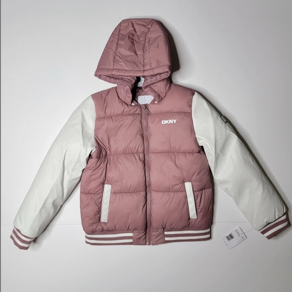 DKNY Girls 14/16 Hooded Full-Zip Jacket Dusty Rose Varsity NWT’S $130 Retail - Picture 1 of 5